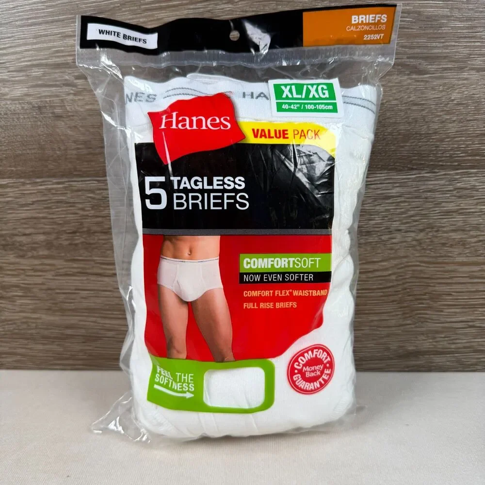 Hanes Mens XL Briefs 5 Pack White Tagless ComfortSoft 40-42 Cotton 2252VT NOS